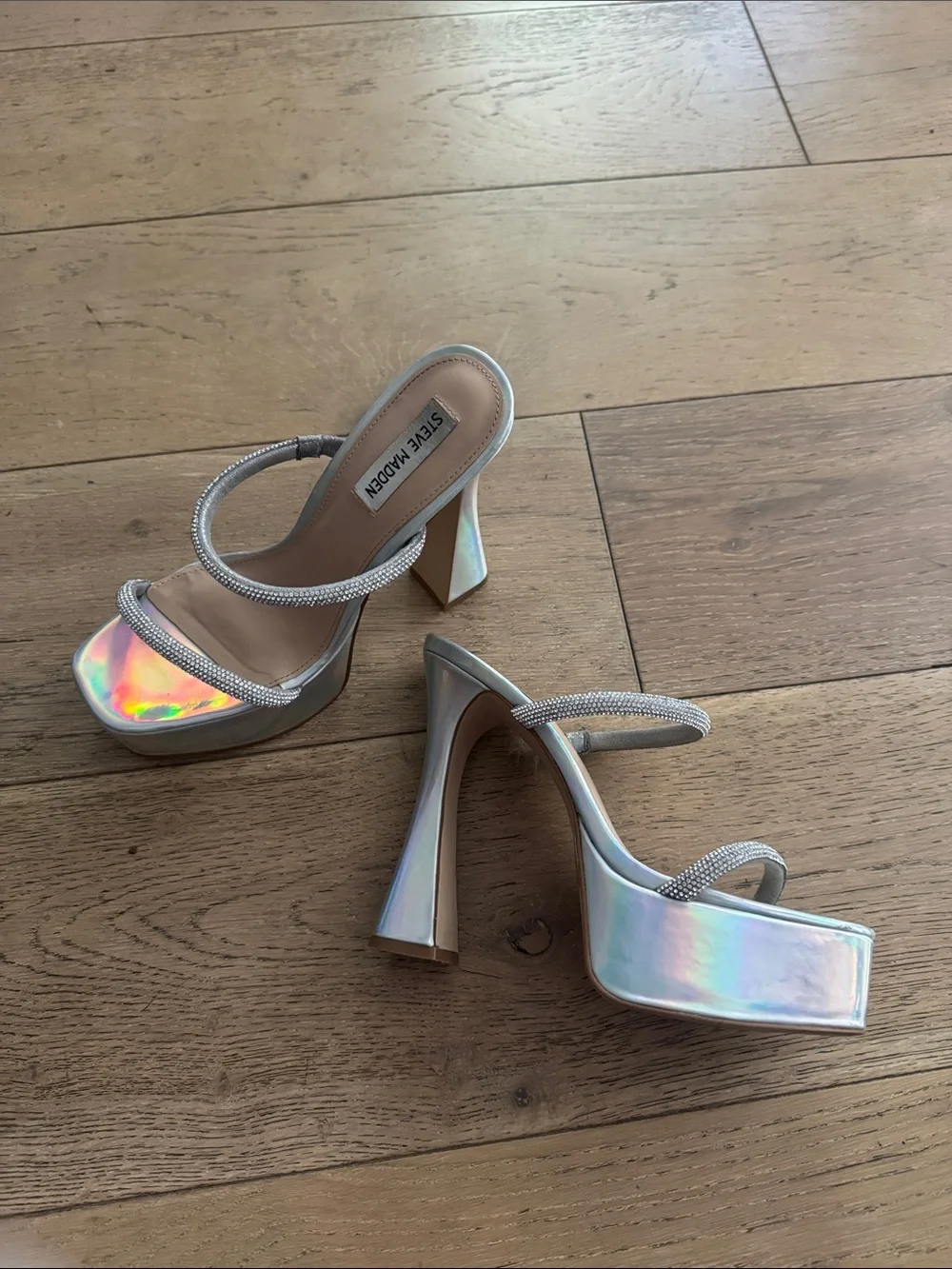 Steve Madden Holographic Silver Crystal-Trim Platform Sandals